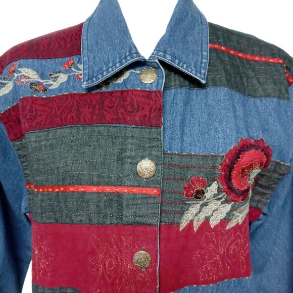 Vintage Patchwork Jean Jacket Blazer 👖❤️💛Embroidered Womens 8 Retro Coat - Picture 12 of 14